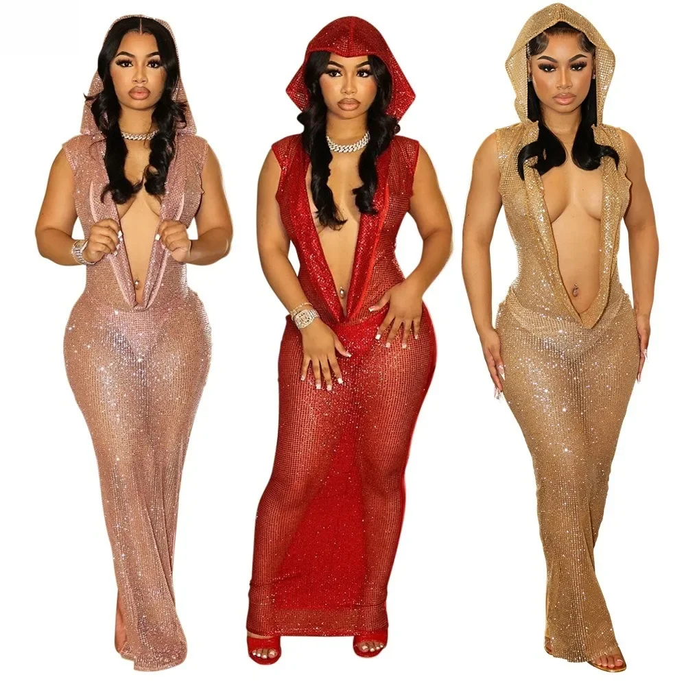 HLJ seksowna głęboka perspektywa V cekiny z kapturem Bodycon do klubu na imprezę sukienki damskie Backless bez rękawów Slim Vestidos modna odzież — zdjęcie 2
