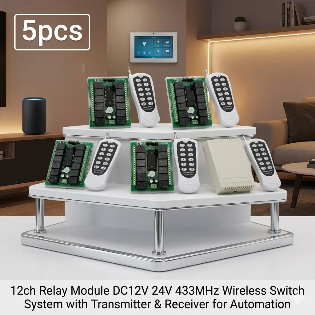 

5PCS 12CH RF Remote Control Relay Module DC12V 433MHz Wireless Switch System with Transmitter & Receiver for Automation