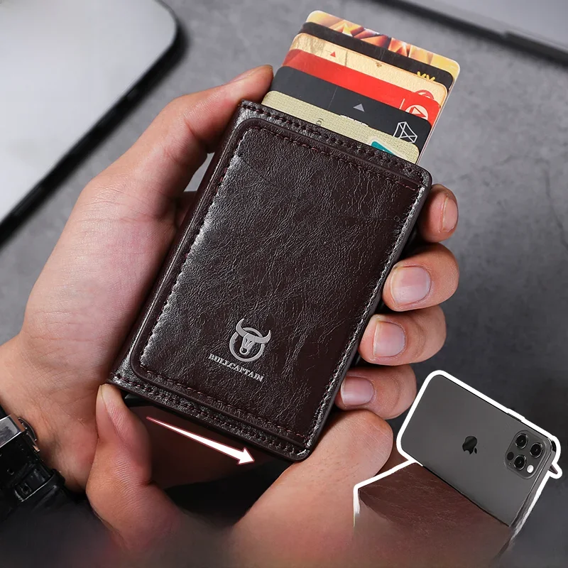 Bullcaptain etui na karty kredytowe portfel męski RFID blokowanie chronione aluminiowe pudełko skórzane portfele z klipsem na pieniądze etui na karty — zdjęcie 2
