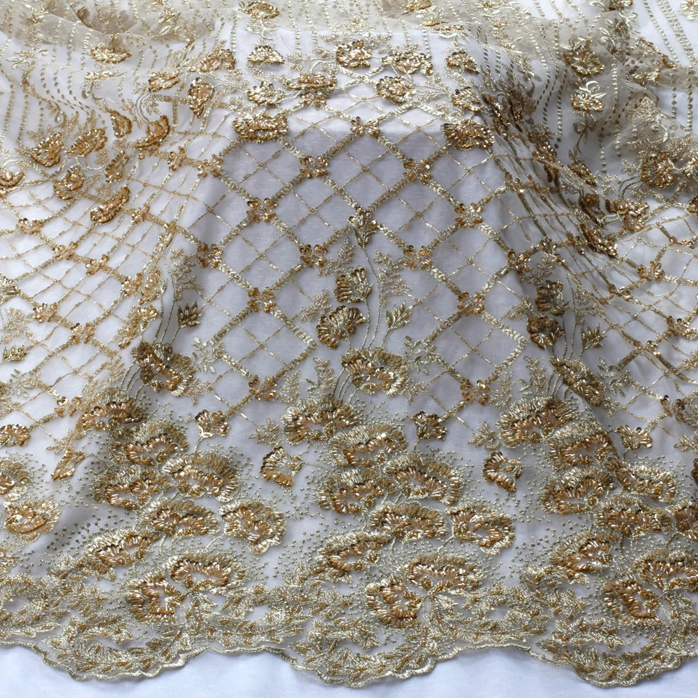 

HelluyerDc Gold Hand-made beaded embroidery lace fabric for clothing,prom dress by the yard