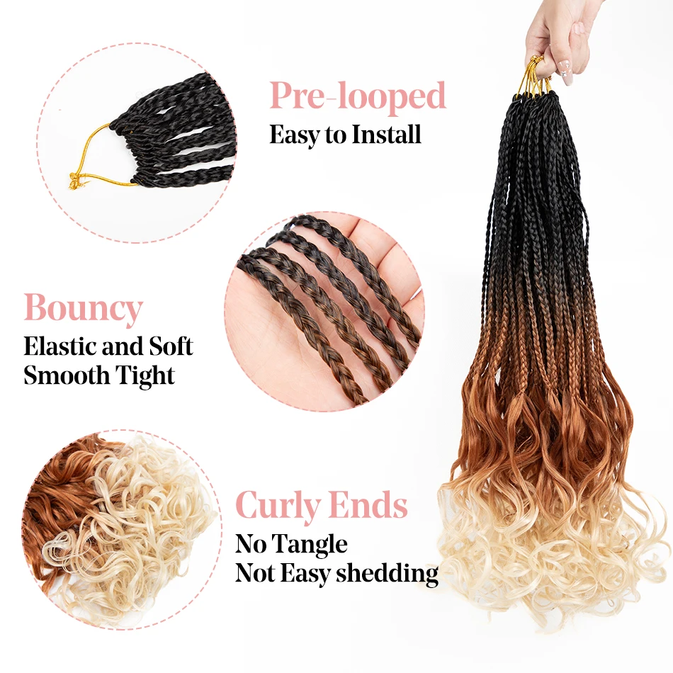 18인치 프렌치 컬 크로셰 브레이드 6팩 옴브레 브라운 블론드 보헤미안 여신 박스 브레이드 곱슬 끝 합성 루즈 웨이브 B