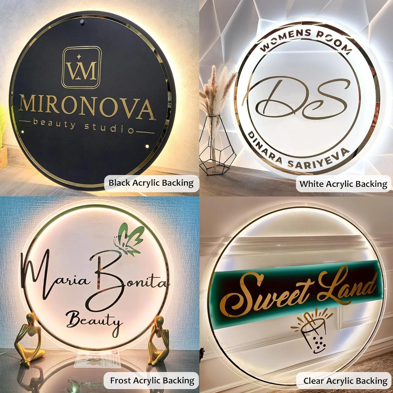 Imagem -03 - Sinal de Logotipo de Negócios Personalizado Espelho Acrílico Sinal de Ouro em Forma Redonda Luzes de Néon Logotipo 3d Sinal de Estúdio de Cabelo