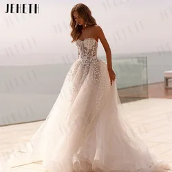 JEHETH 2024 Fashion Strapless 3D Flower Lace Applique Wedding Dresses Sweep Train Custom Bridal Grown 2024 Vestido De Noival