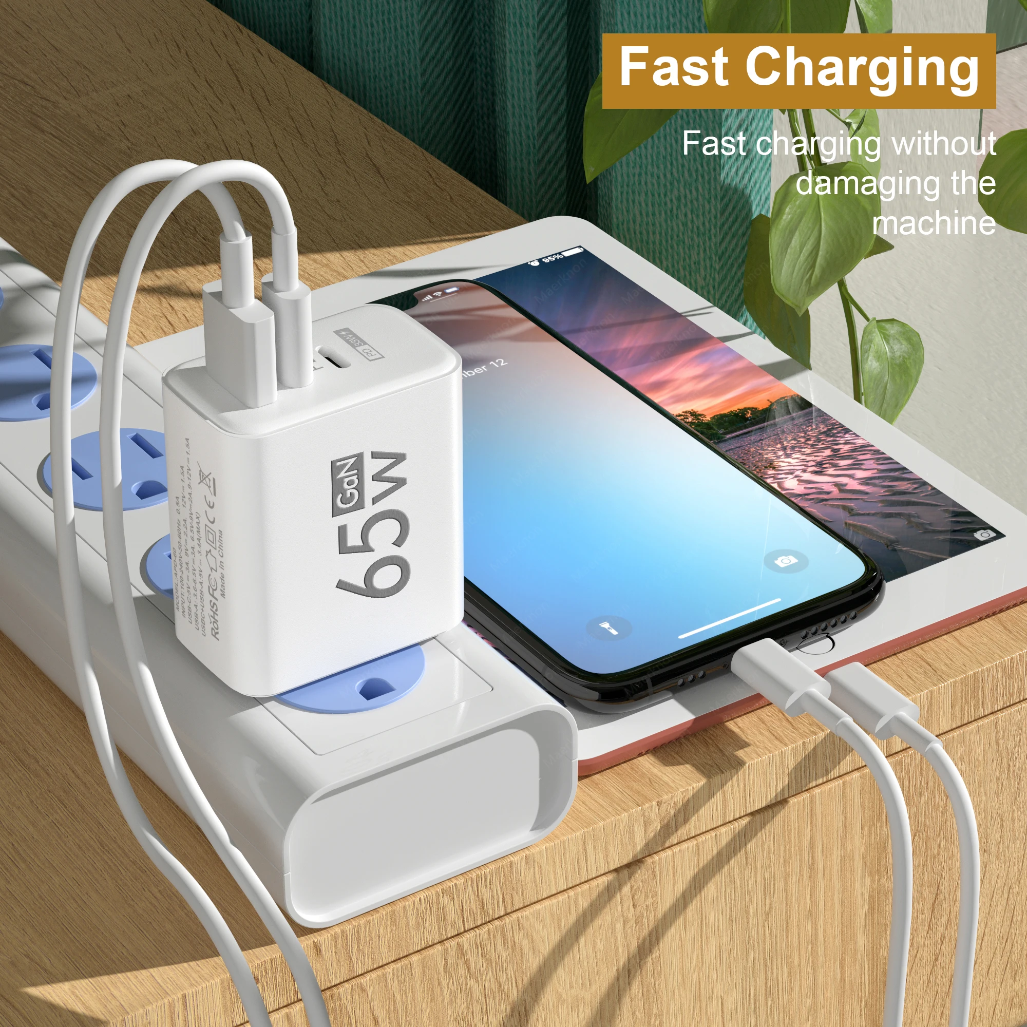 65W USB GaN Charger Type C Fast Charging PD Phone Charger Adapter For iPhone Samsung Xiaomi Huawei QC3.0 EU/US Plug Wall Charger