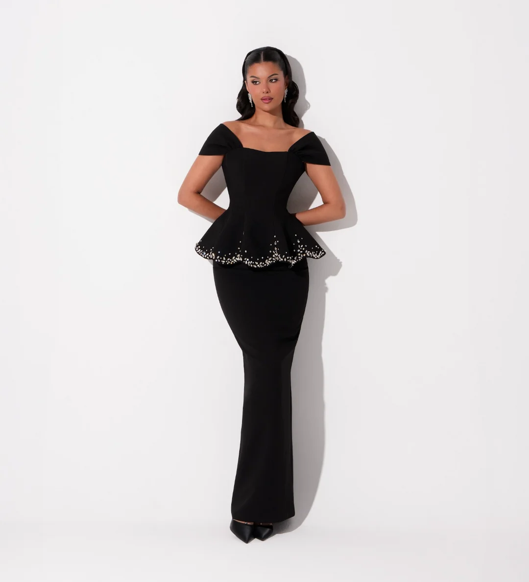 LumiGown Black Off Shoulder Peplum Mermaid off shoulder Evening Gown Rhinestone Beaded Hem Formal Wedding Party Dress Custom