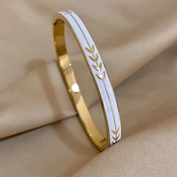 Fashion Enamel Painted Leaf Stainless Steel Bangle Women Vintage Wheat Arrow Ornament Cuff Bracelets Waterproof Golden Wristband