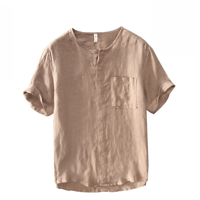 Letnie nowe 100% lniane koszule męskie cienkie Vintage codzienne na co dzień oddychające wygodne koszulki męskie topy AZ787 — zdjęcie 2