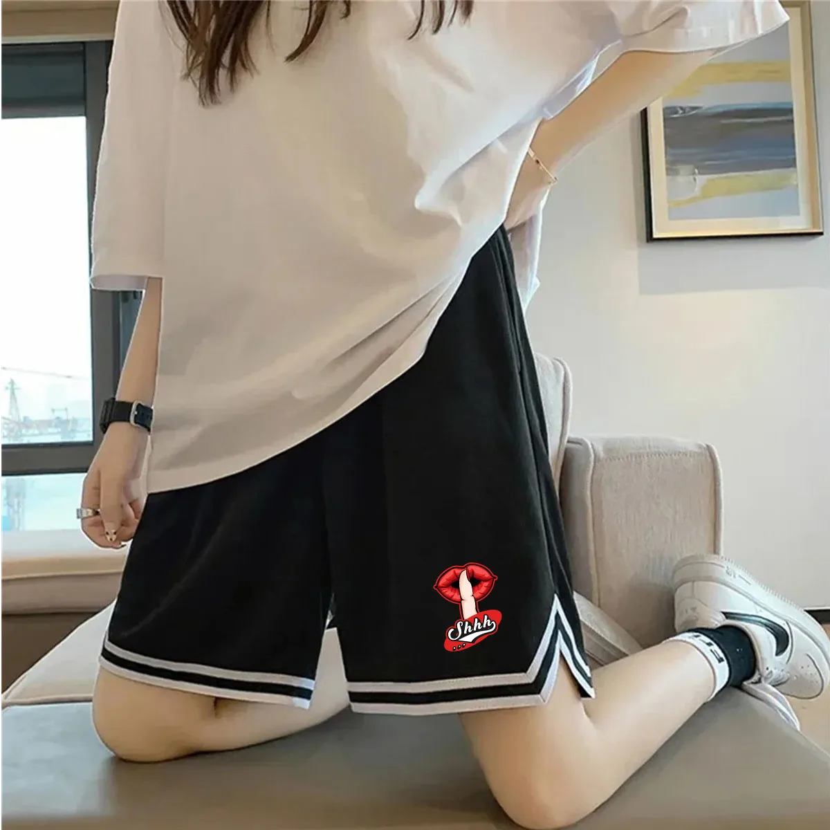 Pantalones Cortos de Baloncesto para Mujer, Estilo Preppy de Verano, Chic, Holgados, Casuales, de Pierna Recta, Anchos, Modernos, Deportivos, Tallas Grandes, de Secado Rápido