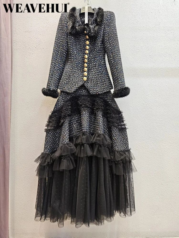 WEAVEHUI Women Plaid Lapel Long Sleeves Single Breasted Lace-Up Coat Autumnal Winter High Street Ruffles Skirt 2-Piece Set