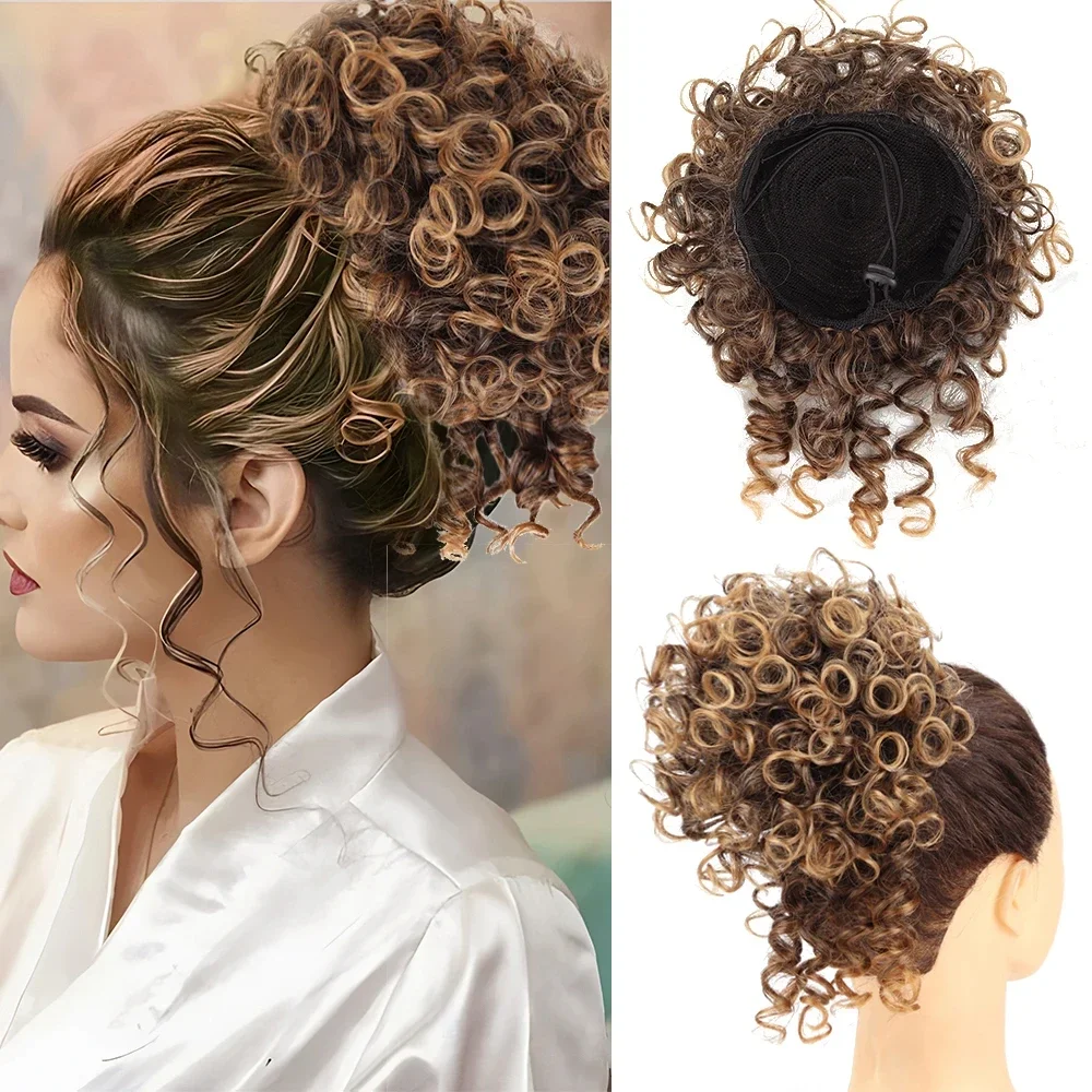 Chignon en désordre, pièce de cheveux avec cordon élastique, vague lâche, grand chignon bouclé, Extension queue de cheval synthétique courte de 60 grammes pour femmes