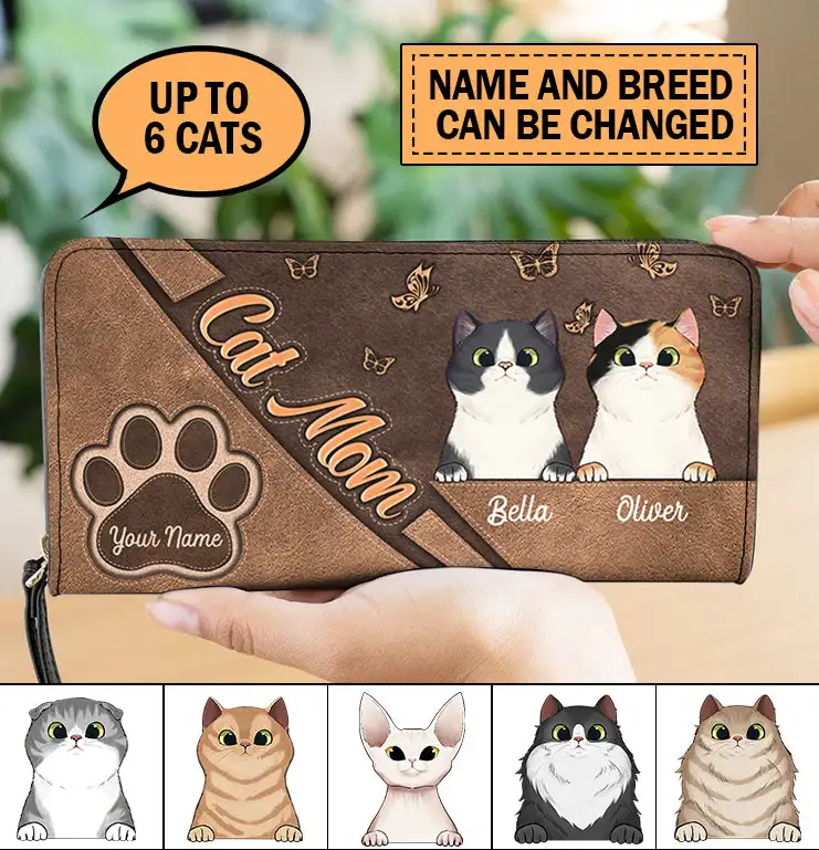 Personalized Cat Mom Pu Leather Cutch Purse Cusom Name Wallets For Women High Quality Small Money Bag Monedero Mujer