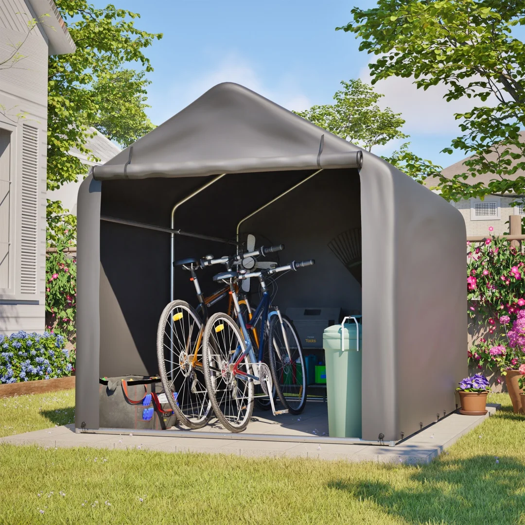 Grijze fietsenberging 160x220x165 cm met roldeur, waterdichte PE weerbestendige buitenberging voor fietsen, tuingereedschap – ideaal - afbeelding 1
