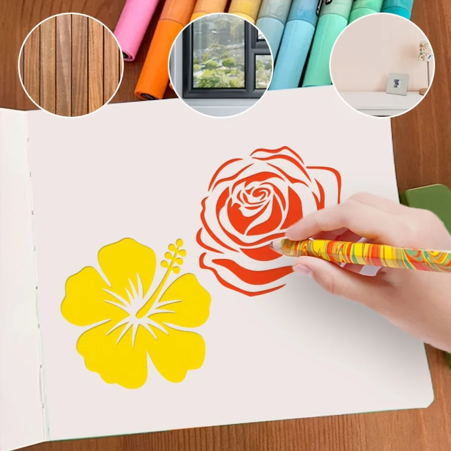 مجموعة استنسل زهور مكونة من 4 قطع - الكركديه وعباد الشمس والورد والنقان الشقري، مقاس 5.9 × 5.9 بوصة لديكور المنزل والحرف اليدوية والأثاث