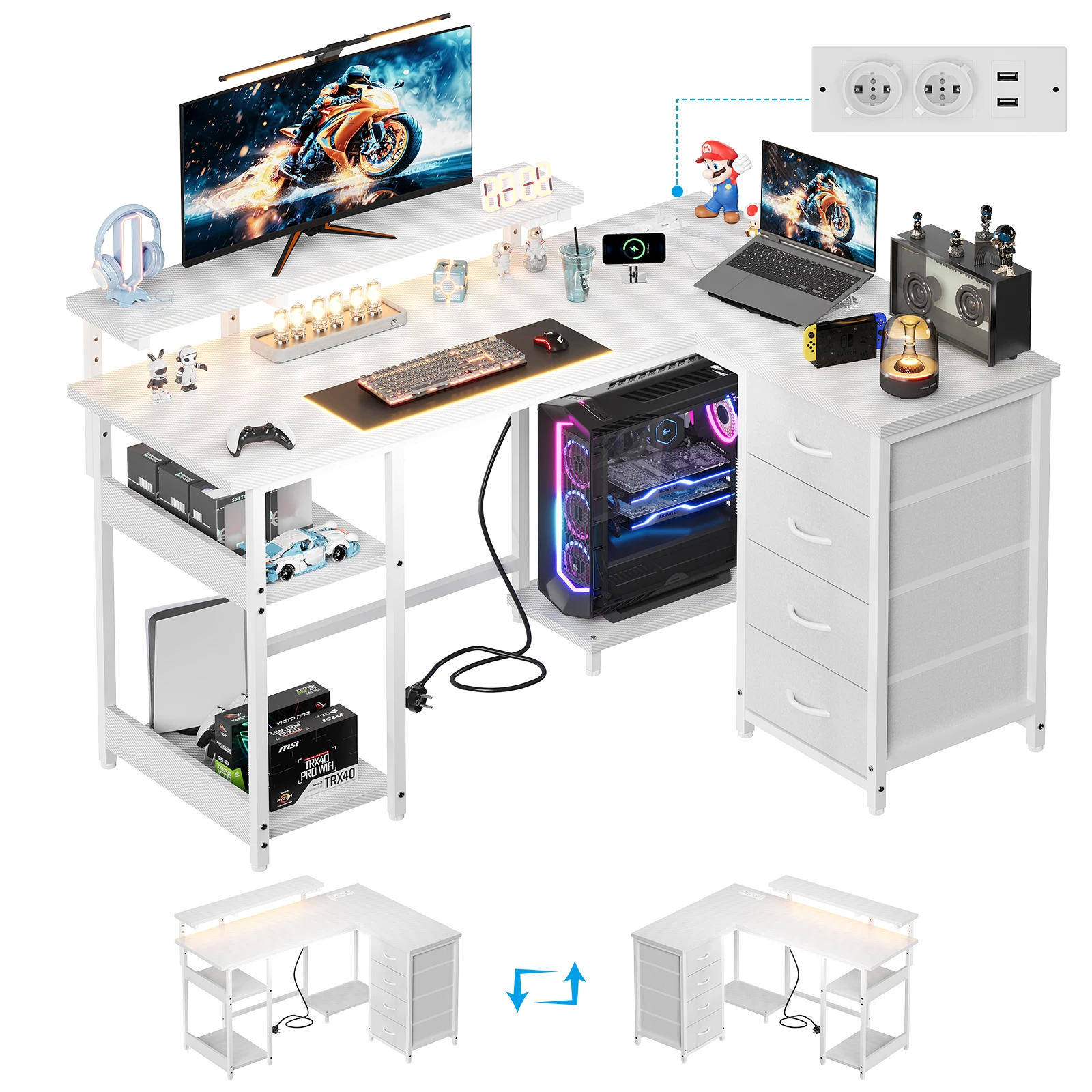 Escritorio para juegos Devoko en forma de L con LED, 2 enchufes, 2 USB, 4 cajones y diseño de esquina reversible