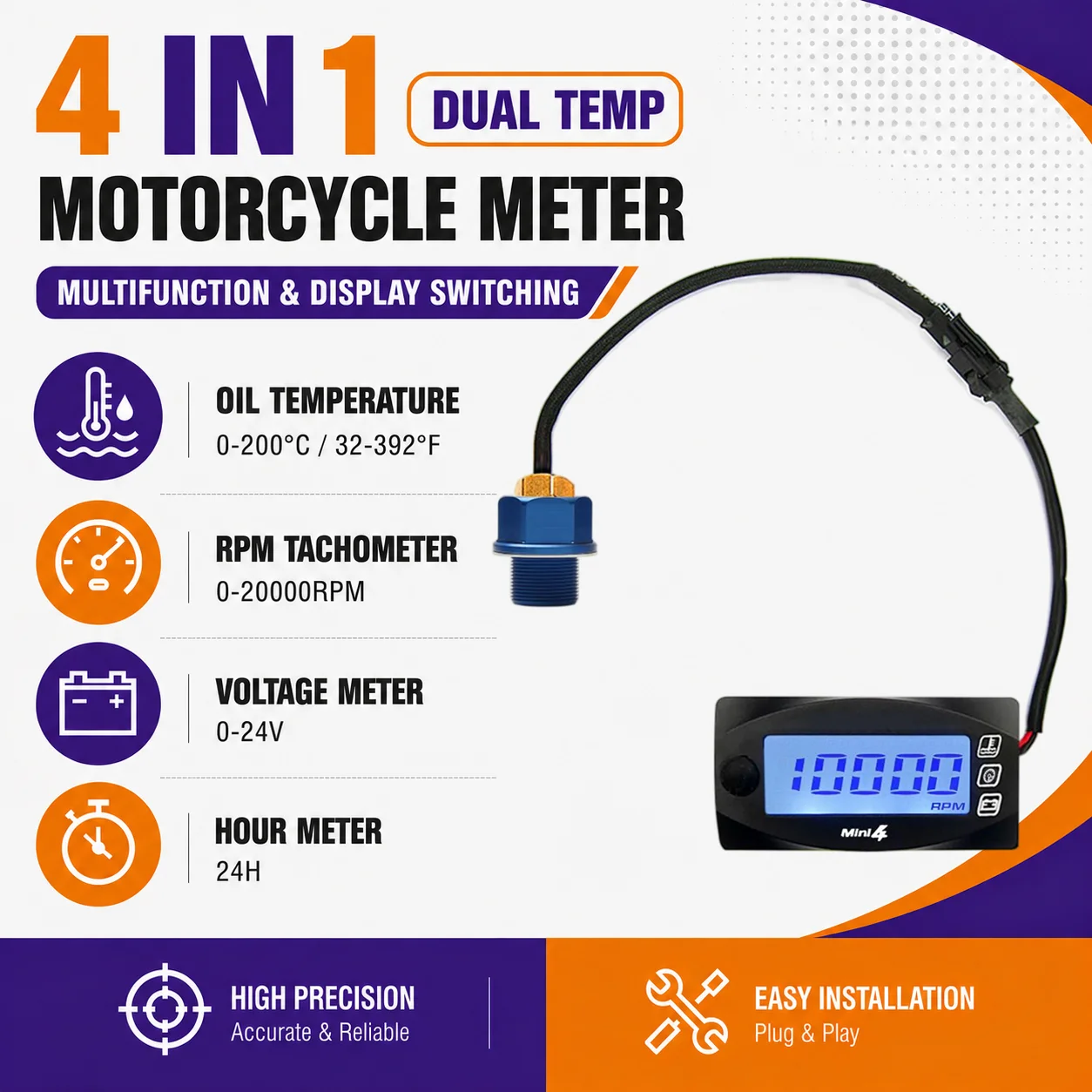 Universal  4 in 1 Motorcycle Oil Temperature RPM Voltage Time Gauge Mini LED Square Meter for NMAX XMAX PCX Scooter ATV Bike