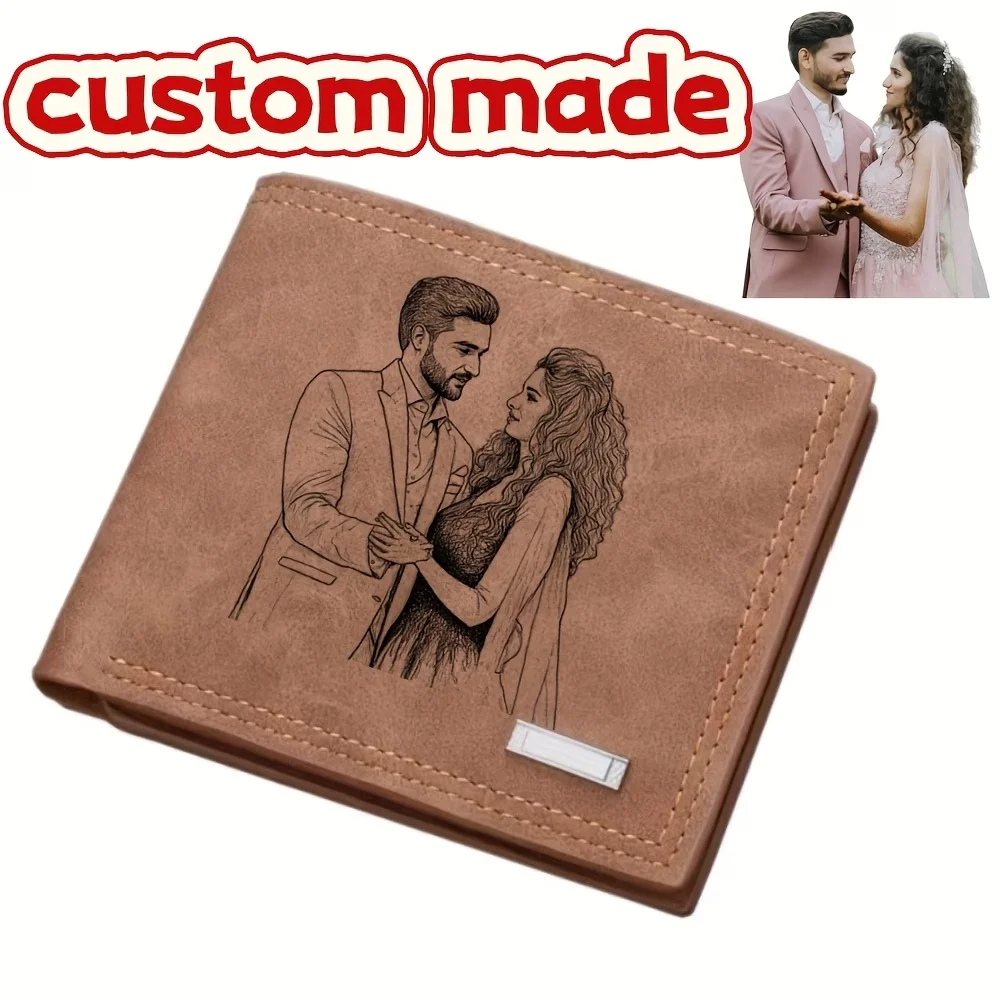 Personalized Photo Engraved Vintage Bifold Wallet for Men, Distressed Short Wallet with Coin Pocket & Multi Card Slots, Perfect