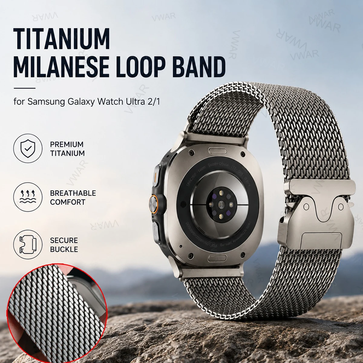 Pulseira de titânio 100% puro para Samsung Galaxy Watch Ultra 2&1 47mm, masculina, com fecho milanesa e fivela de paracaídas segura VWAR 22mm.