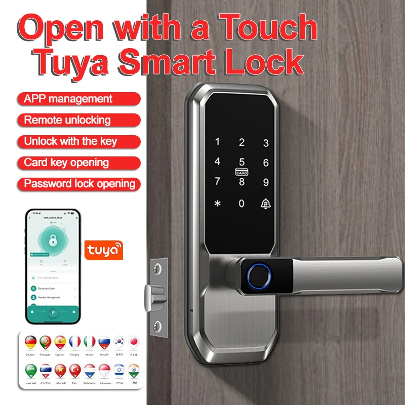

Smart Fingerprint Lock,Password Key Card,Tuya APP Control Aluminum Alloy Electronic Lock Black/Nickel/Grey Smart Lock