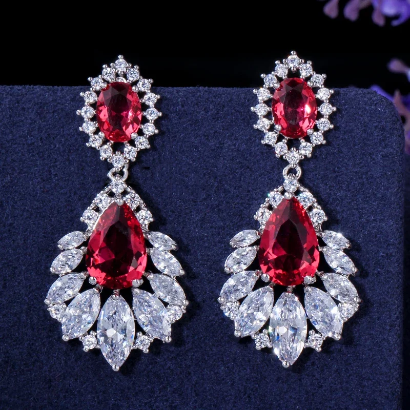 BeaQueen Vintage kobieta duży czerwony austriacki kryształ szlachetny ślub Bridal kolczyki żyrandol CZ indyjska biżuteria dla kobiet E045 — zdjęcie 2