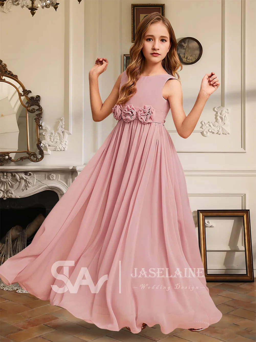 

Элегантное шифоновое платье трапециевидной формы длиной до пола, платье для подружек невесты с объемным цветочным узором для девочек, специальное свадебное платье для девочек