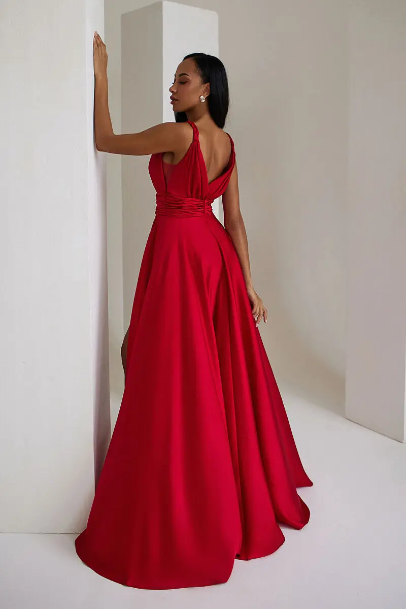 Sexy Sleeveless V-Neck Satin Prom Dresses Ruching Ribbons Cocktail Wedding Guest Long Wide Waistband Ruched Evening Gowns 2024