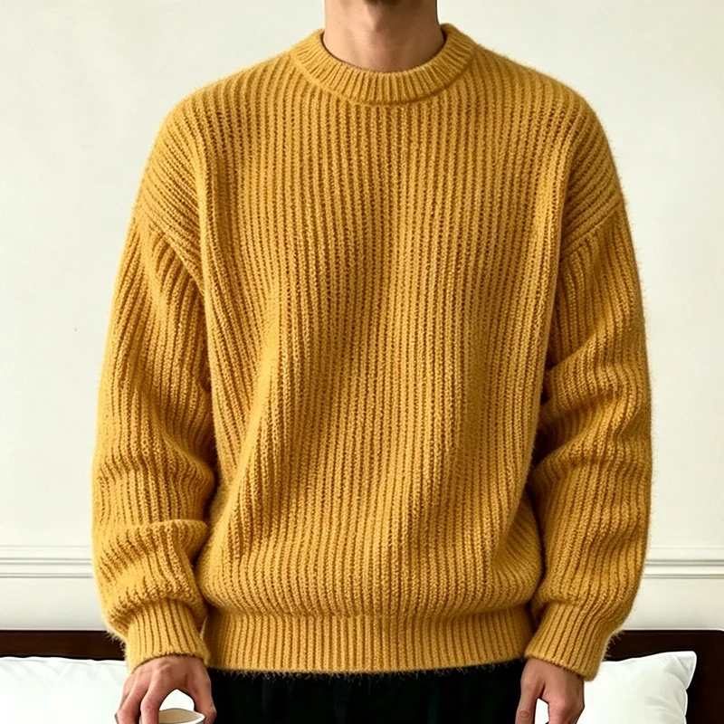 Neuer Herren-Strickpullover in Unifarben für Frühling und Herbst, Lässiger Modischer Pullover mit Gerippter Textur, Langen Ärmeln und Rundhalsausschnitt – Detail 19