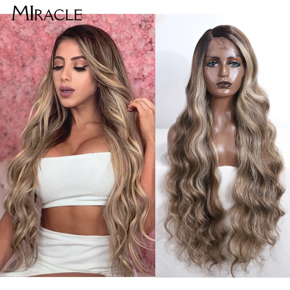 MIRACLE Synthetic 36 Inch Lace Front Wig Cosplay Soft Fiber Lace Wig For Woman Fake Hair Colorful  Heat Resistant Brown