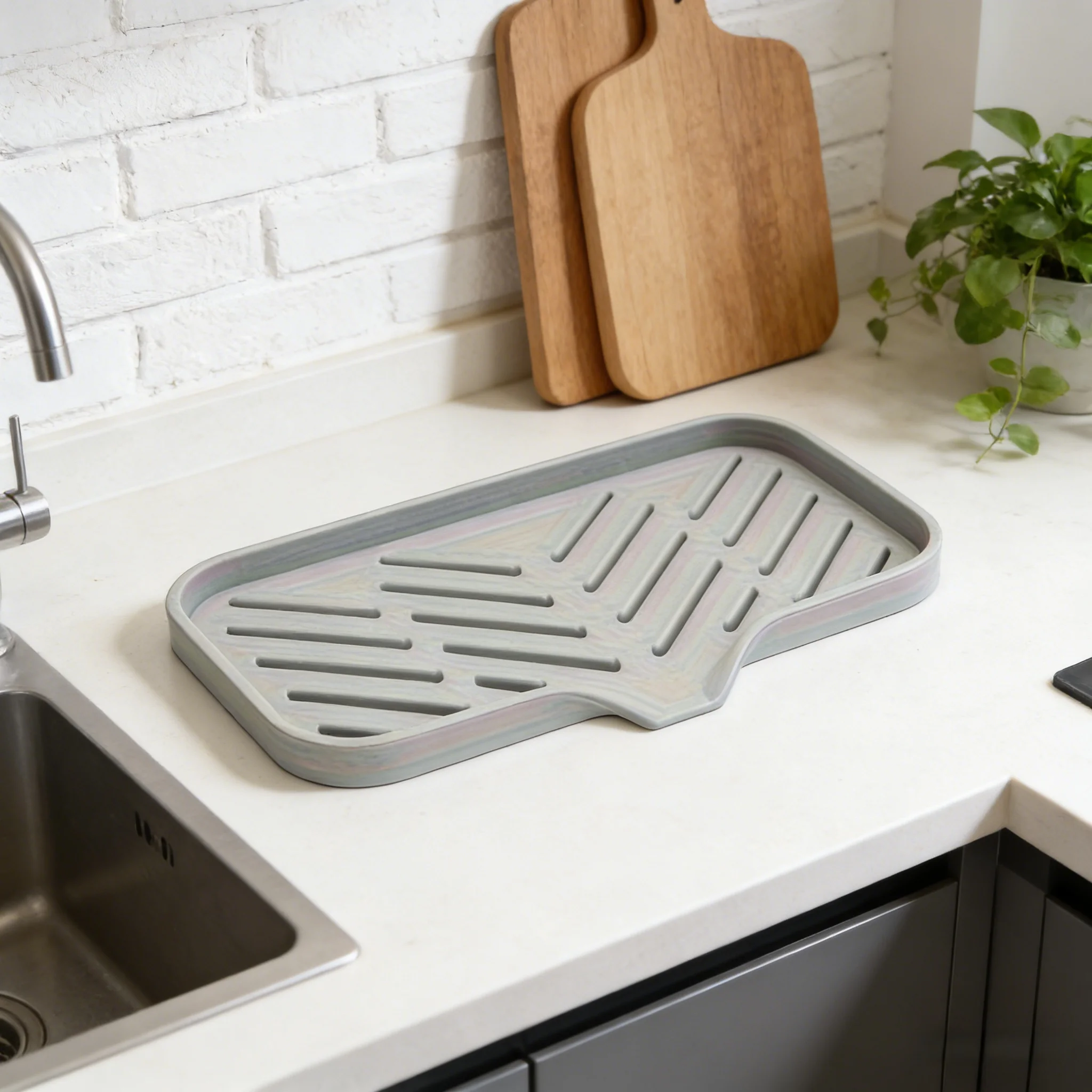 

Цельный коврик премиум-класса для сушки посуды: нескользящая подушка для кухонной мойки, супервпитывающая и быстросохнущая, легко чистится.