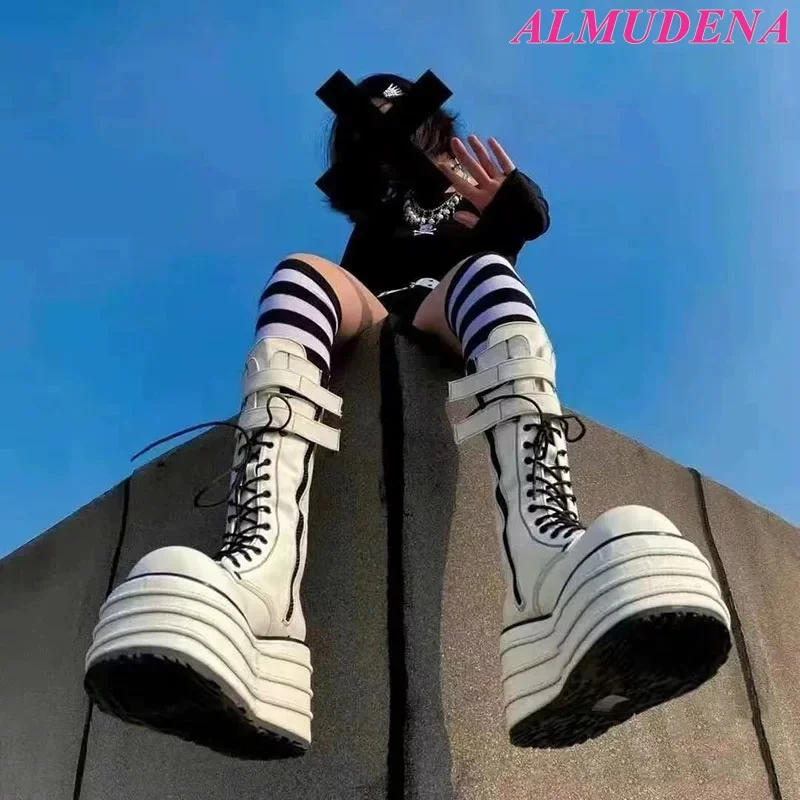 Women's Platform Lace up Leather Wedges Boots White and Black Y2k/Cosplay Dress Knee High Boots Luxury Designer Highten Shoes