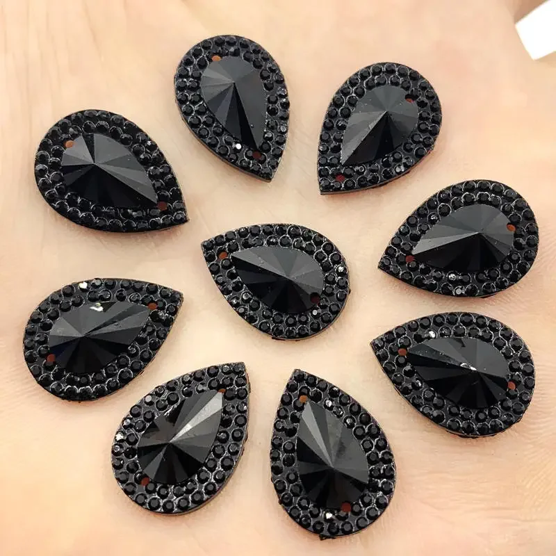 13 * 18 mm Kropla wody CZARNY kamień z żywicy do robótek z koralików Płaski tył do przyszywania dżetów z 2 otworami 40 sztuk / partia -S67 — zdjęcie 2