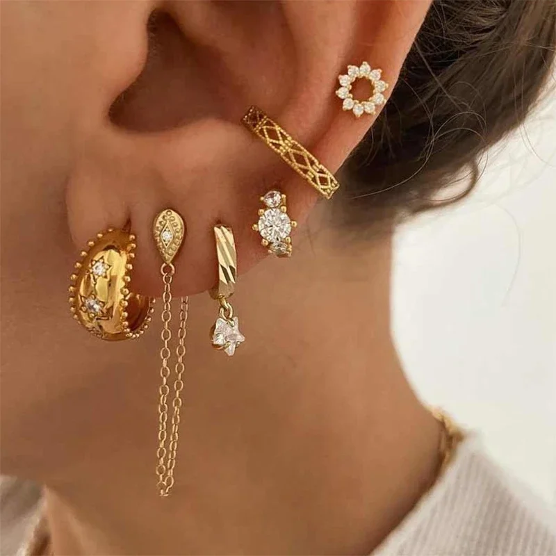 TIANDE kolor srebrny pozłacane kolczyki zestaw dla kobiet CZ cyrkon Ear Cuff Chain Stud Hoop Dangle kolczyki 2022 biżuteria hurtowych — zdjęcie 2