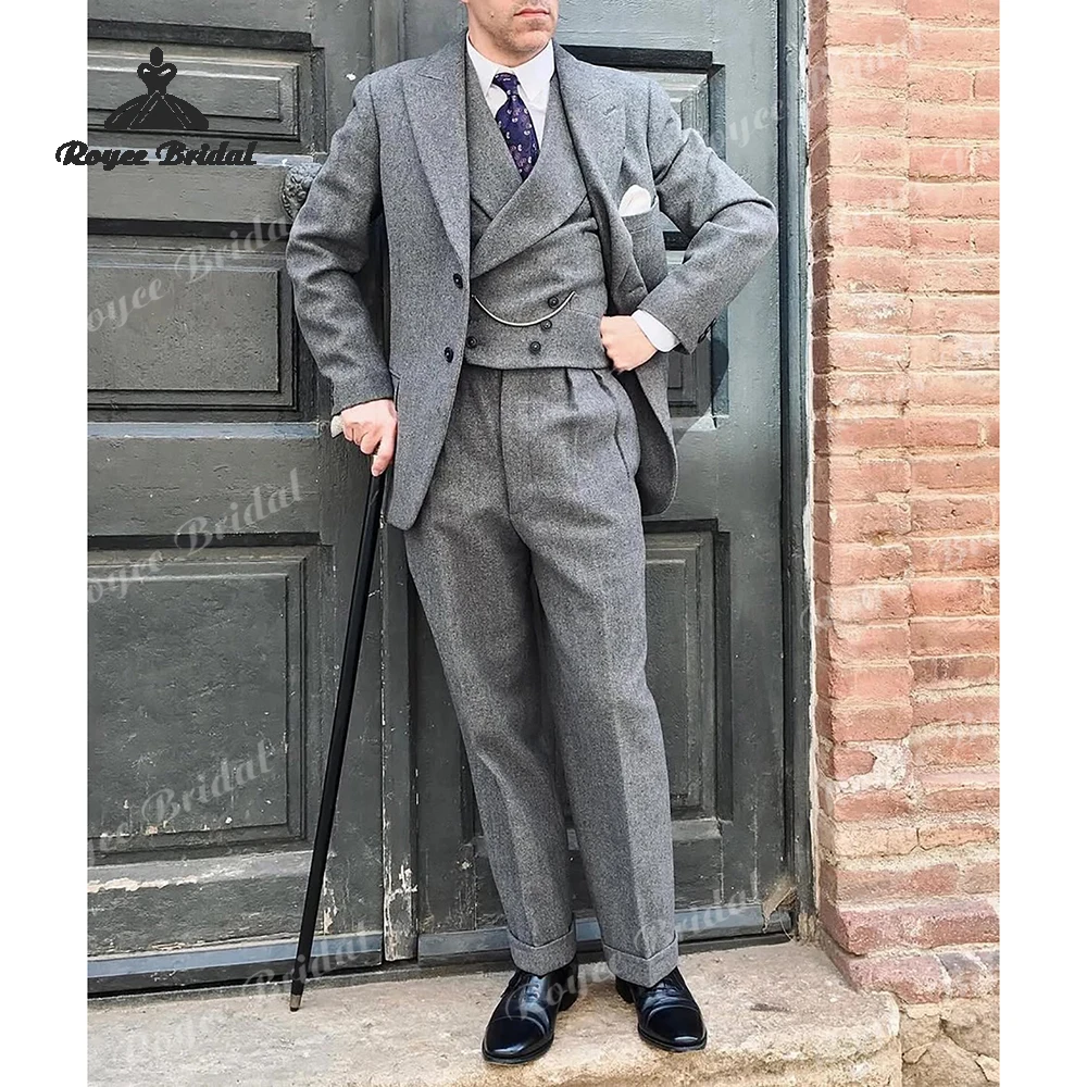 

Твидовый однобортный мужской костюм из трех предметов с узором «елочка», свадебный костюм 2026, деловой костюм с пиковыми лацканами, костюм homme mariage