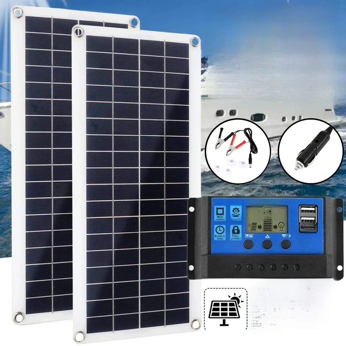 Zestaw paneli słonecznych o mocy 100 W Podwójne złącze USB 12 V z kontrolerem 30 A/60 A/100 A Ogniwa słoneczne Poliogniwowe ogniwa słoneczne do ładowarki samochodowej Yacht RV — zdjęcie produktu 7