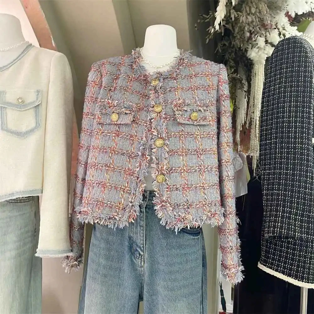 High Quality Vintage Fragrance Tweed Jacket Women Autumn Winter Casual Plaid Weave Short Coats