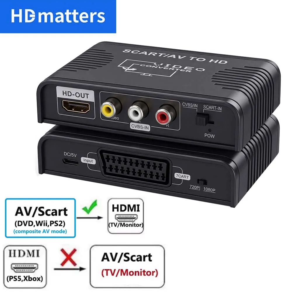 Scart to HDMI Converter 2-in-1 Composite AV Scart to HDMI Cable Converter Scart RCA in to HDMI out for Wii DVD HDTV