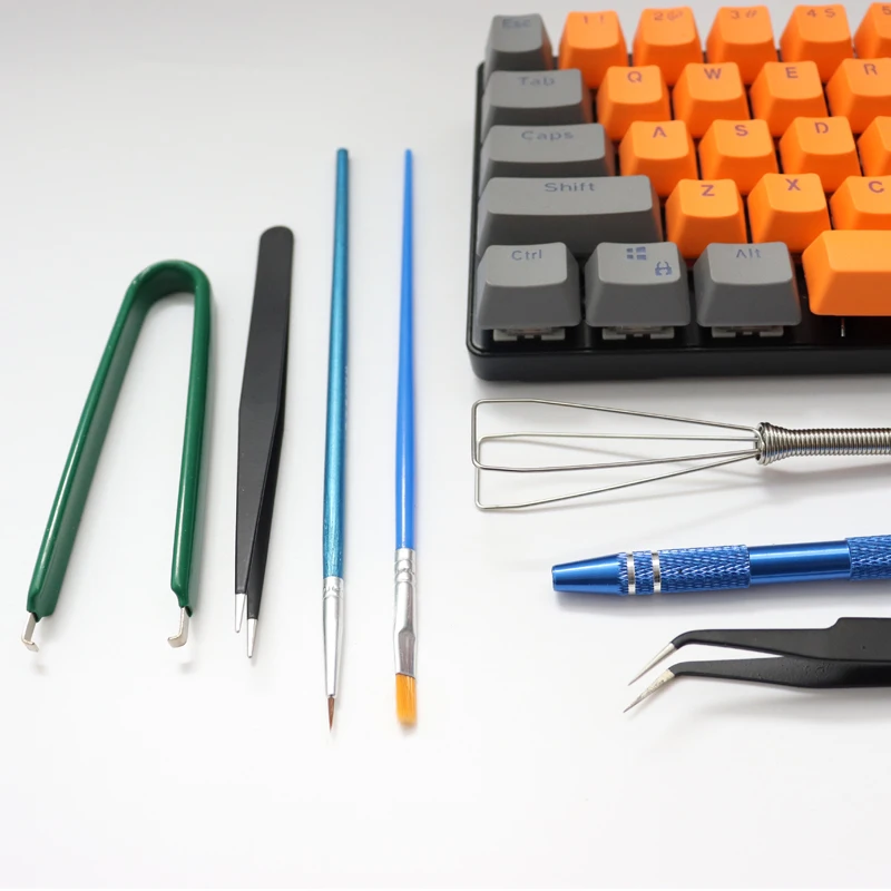 Kit de ferramentas para teclado mecânico, 7 peças, extrator de metal, suporte de haste, escova lubrificante, caneta de lubrificação