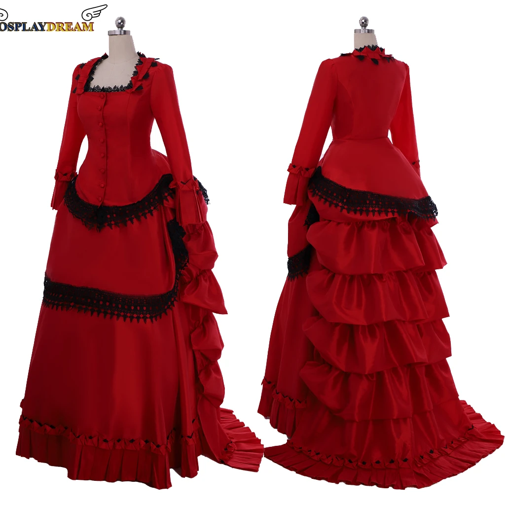 

(in stock) women’s Victorian red bustle ball gown duchess everyday dress 1820s Victorian Masquerade Dress Theater Costume