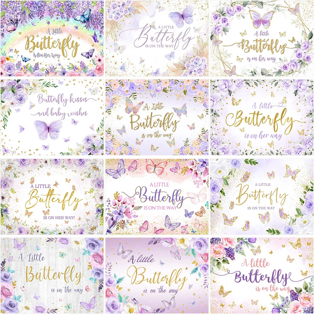 

Baby Shower Backdrop for Purple Watercolor Floral Butterflies Background Princess Girls Newborn Party Decor Cake Table Banner