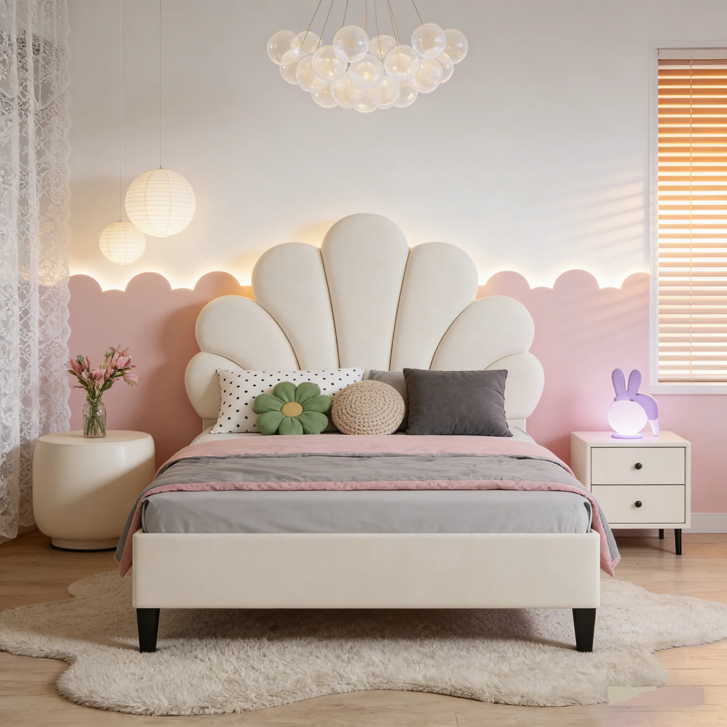 Polsterbett Kinderbett 90x200cm, gepolstertes Einzelbett mit Holzlattenrost, Bettgestell für mädchen, Mädchenbetten mit verstellbarem Kopfteil, Jugendbett, Samt, Beige