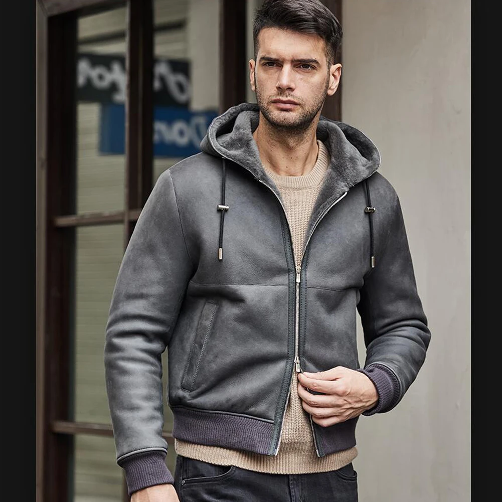 Denny&Dora Mens Hooded Shearling Jacket Warm Winter Short Sheepskin Coat Natural Shearling Leather Coat