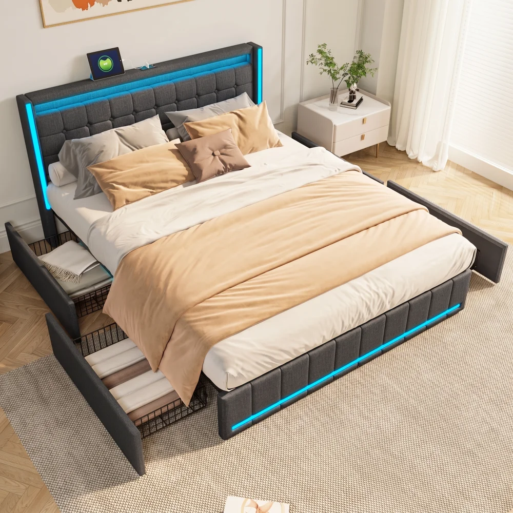 Letto imbottito 140x200 cm, letto matrimoniale con quattro cassetti in metallo e vano contenitore, tessuto in lino, colore grigio scuro.