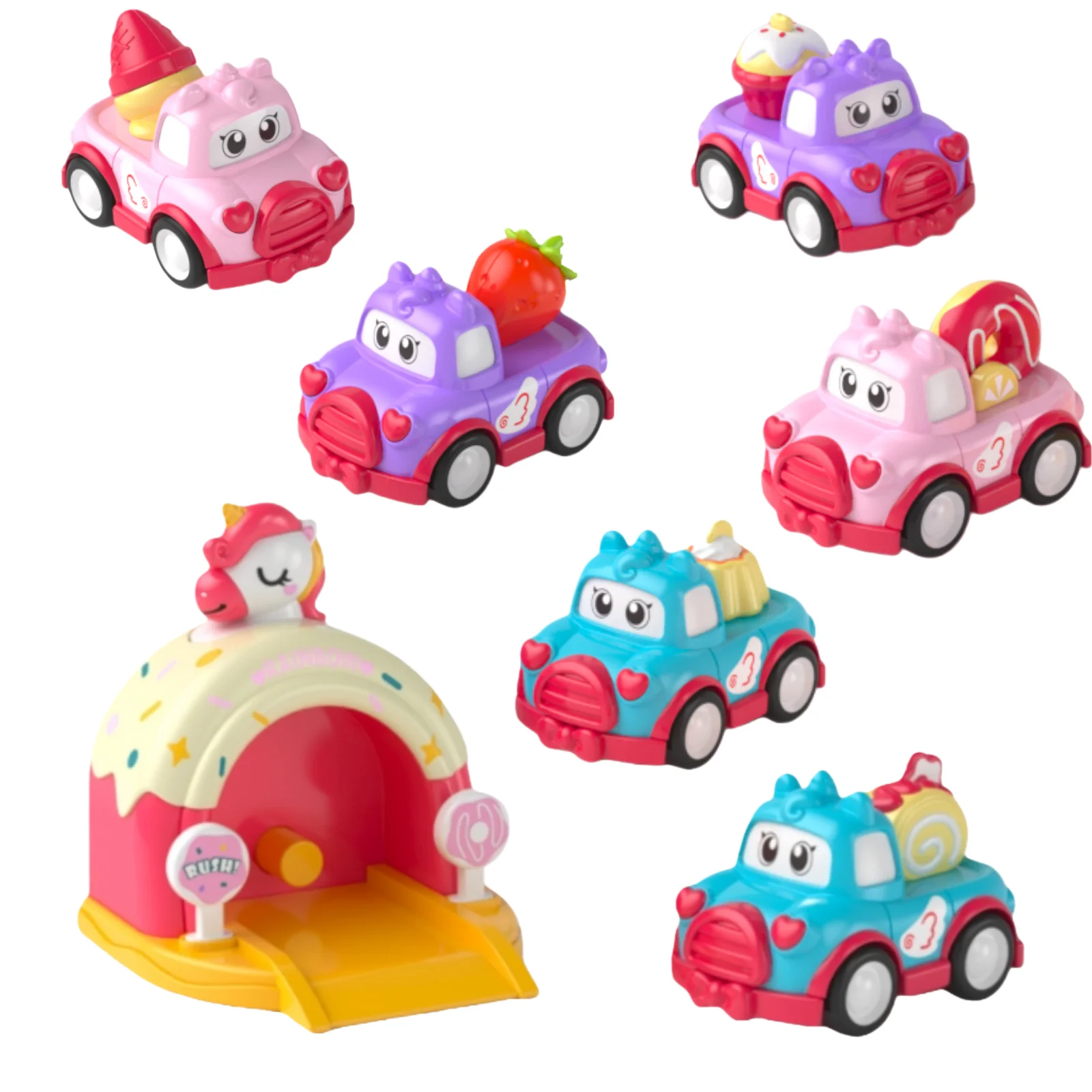 

YIMI 7pcs Cute Dessert Cars with Unicorn Launcher Garage - Inertia Toy Vehicle Set for Kids Educational Montessori Play