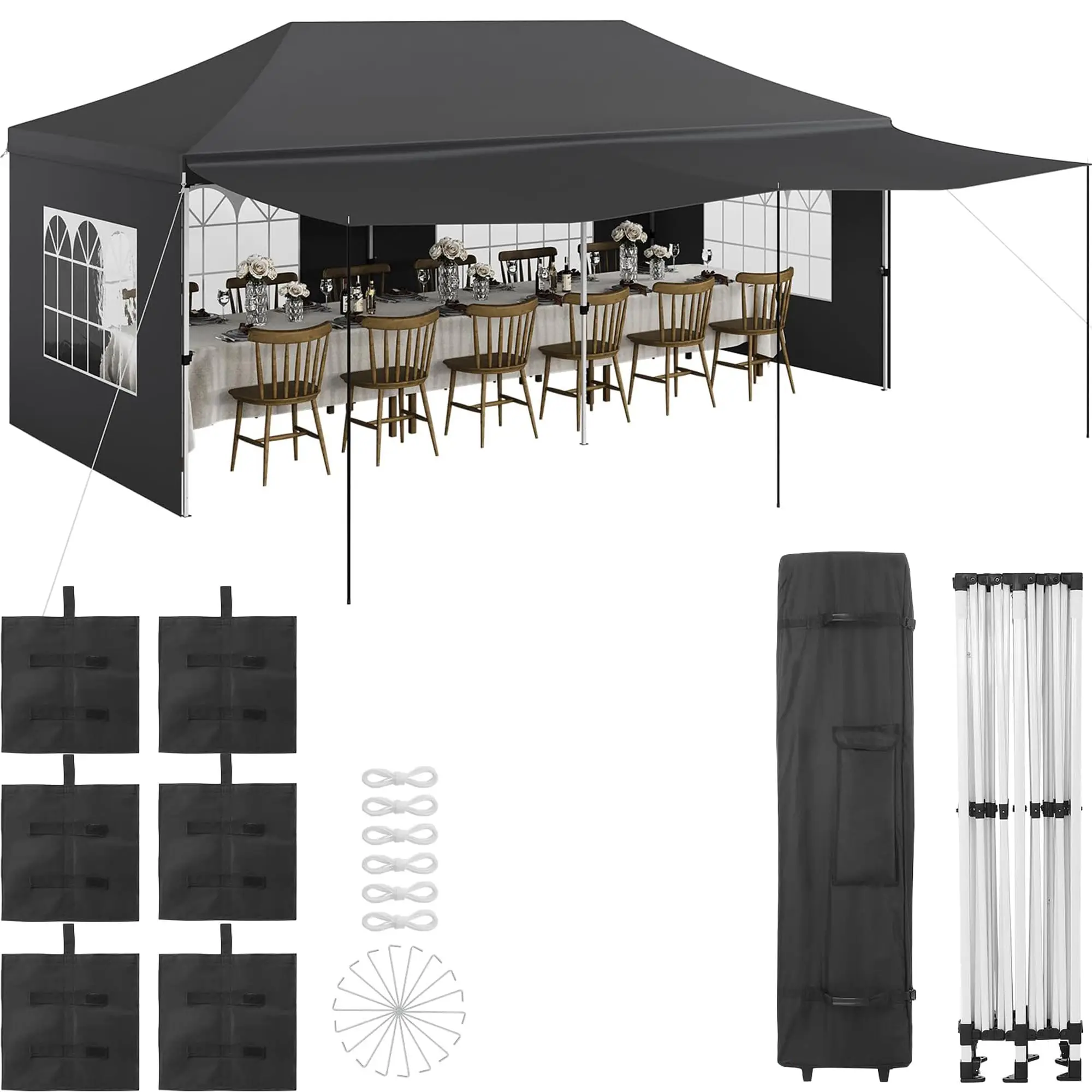 10 x 20 FT Pop Up Canopy, Instant Canopy Portable Gazebo, Backyard Tent with 6 Sidewalls, Waterproof UV Resistant Party Tent for Events, Patio, Backyard, Party, Parking, Grey