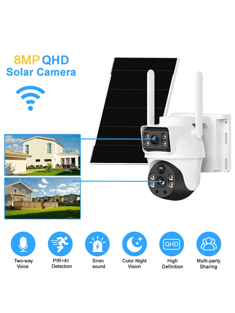 XIAOVV 8MP WiFi Solarna Kamera Bezpieczeństwa Zewnętrzna IP66 Wodoodporna z Detekcją Ludzi PIR Bezprzewodowa Kamera CCTV — 2