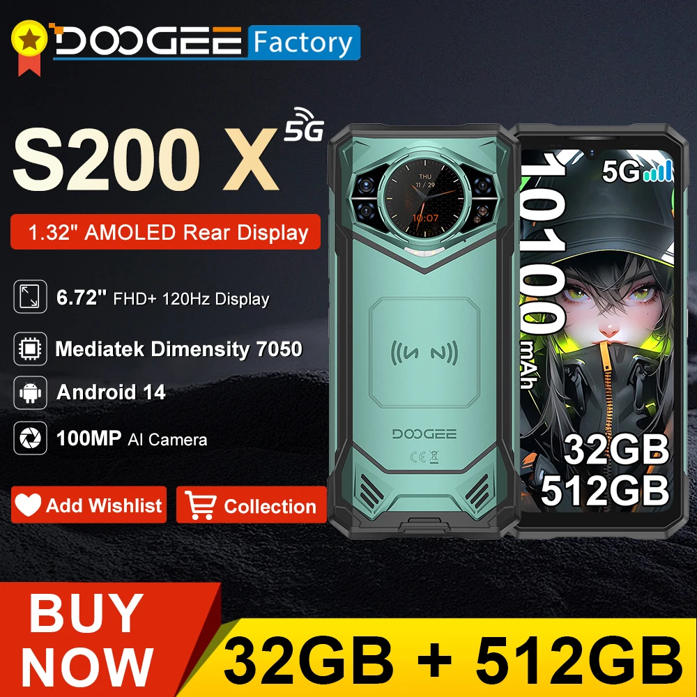 DOOGEE S200 X 32GB(12+20) 512GB 5G Smartphone MTK 7050 10100mAh 33W Mobile Phone 100MP 6.72” FHD+120Hz Cellphone