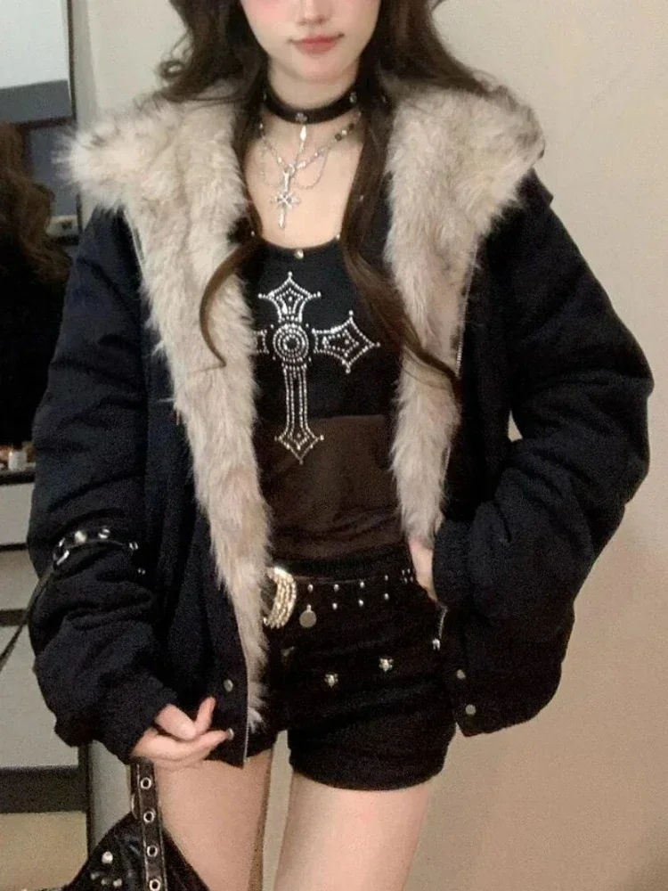 Winter New Elegant Liner Fur Loose Coat Women Y2k Fur Collar Hood Thick Fashion Parkas Casual Outerwear Cotton Padded Jackets — zdjęcie 2