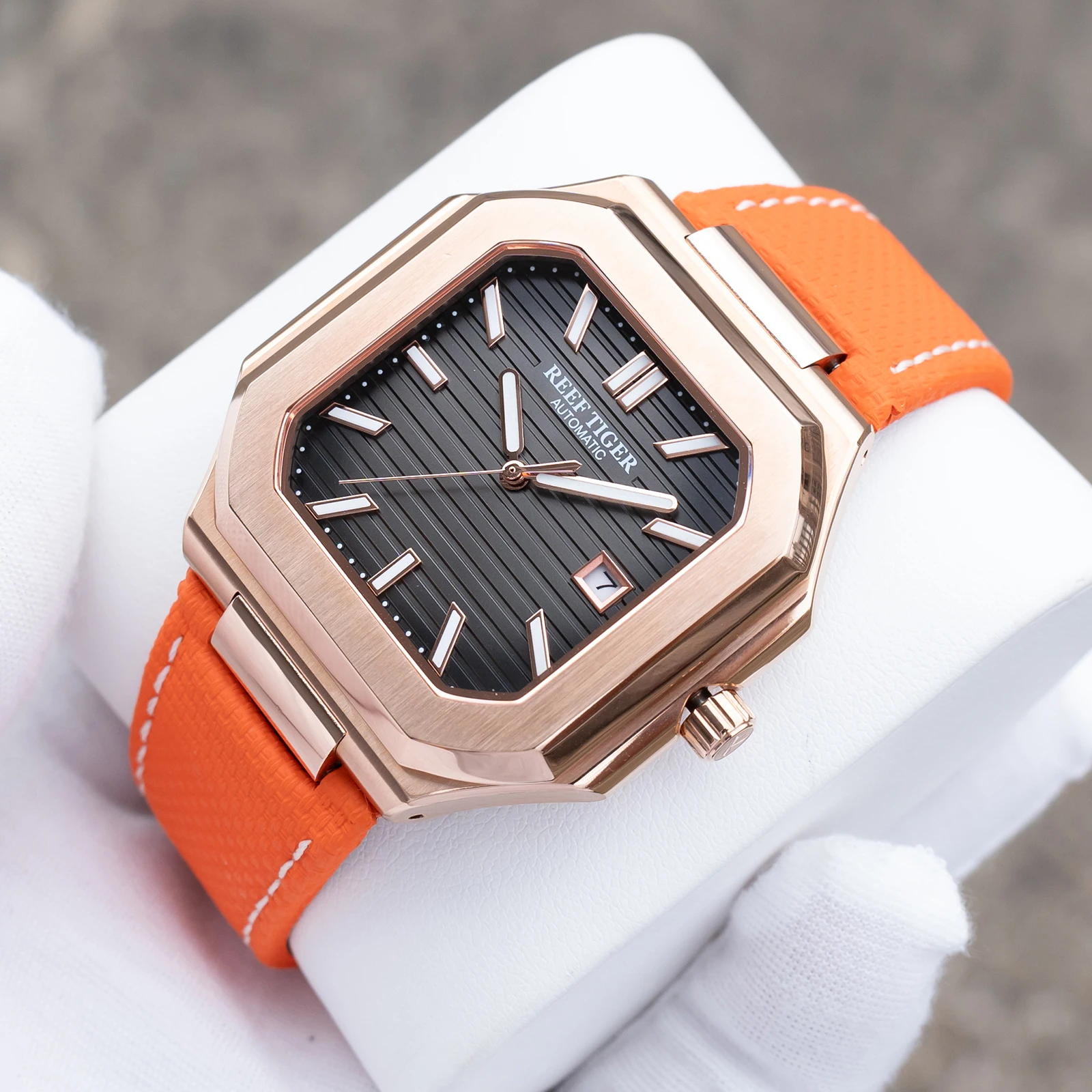 ريف النمر الفاخرة رجالي ارتفع الذهب ساعة مربعة مع تاريخ مضيئة البرتقال حزام من الجلد 50 متر مقاوم للماء الميكانيكية Relojes RGA 2015