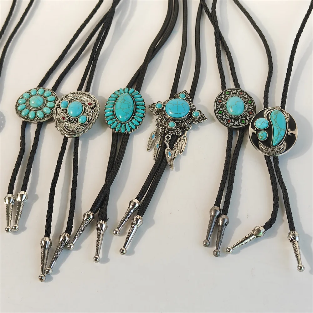Bolo Tie with Natural Stone for Men Vintage Handmade Cowboy Bolo Ties Cowhide Rope Buckle Clasp Necktie Cow Skull Leather Rodeo