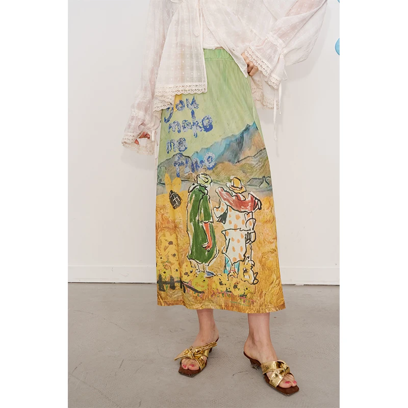 ELFSACK Artistic Oil Painting Mesh Skirt, Retro Pastoral Graphic Midi Skirt for Women, Kawaii Aesthetic Layered Long Bottom