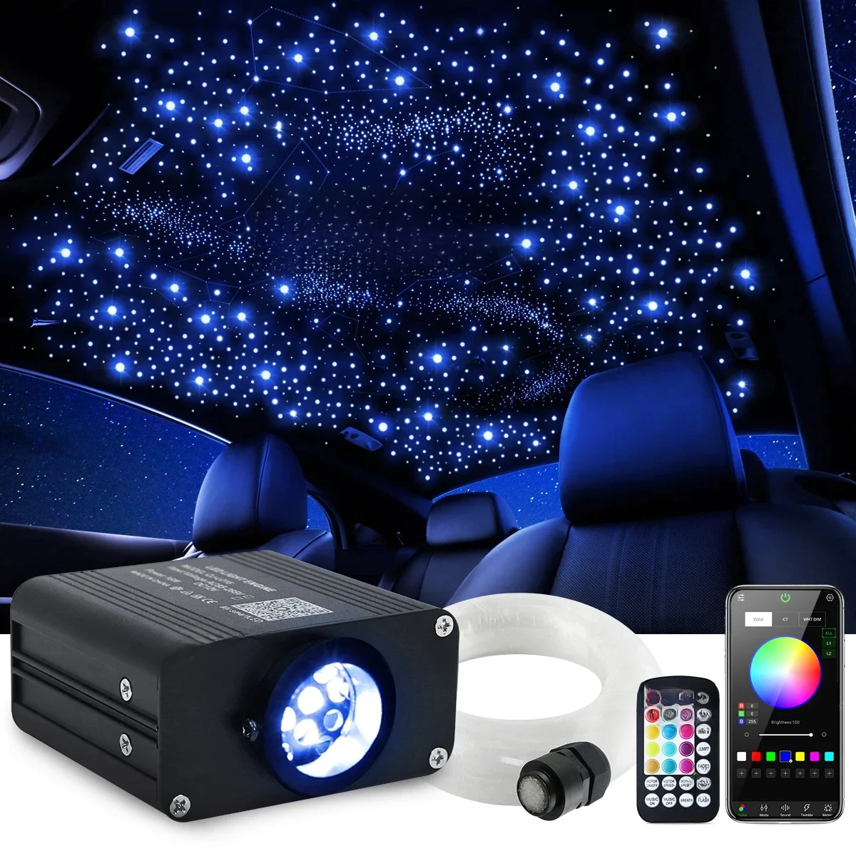 16W RGBW Lampka Samochodowa Gwiaździste Niebo z Efektem Migotania, Sterowana Aplikacją Bluetooth, Akcesoria Samochodowe do Wnętrza, Oświetlenie Sufitowe Gwiazdy — zdjęcie 2